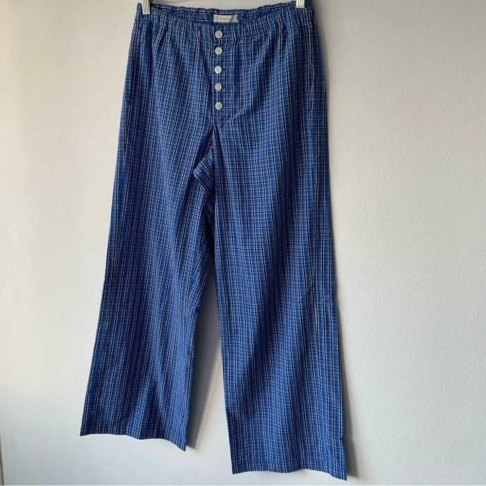 Doen Morgan Cotton Poplin Plaid Drawstring Pull On Baggy Pants Cassis Check Blue - Picture 7 of 13